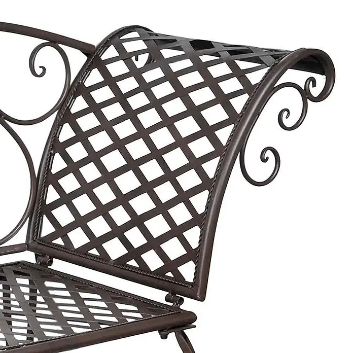 Furnicato Gartenbank Eisen Antikes Braun - B x T x H: 128 x 46 x 88 cm, Braun - Nahaufnahme einer braunen schmiedeeisernen Gartenbank mit Lattenrostmuster und dekorativen Schnörkeln an Rückenlehne und Sitzfläche.