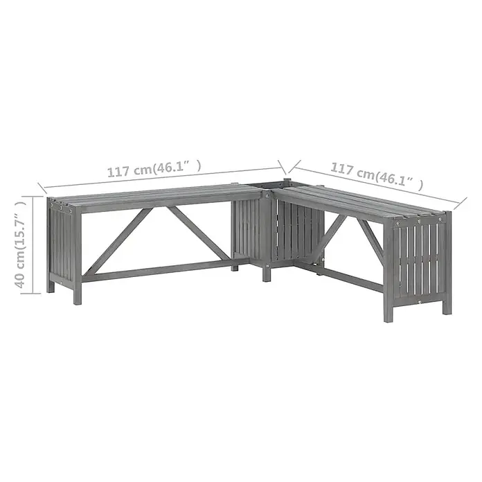 Furnicato Gartenbank Akazien-Massivholz - B x T x H: 117 x 117 x 40 cm, Grau - L-förmige Garten-Eckbank aus grauem Holz mit Lattenrost-Design. Maße sind abgebildet.