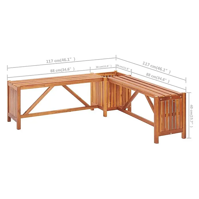 Furnicato Gartenbank Akazien-Massivholz geölt - B x T x H: 117 x 117 x 40 cm, Braun - Hellbraune Garten-Eckbank aus Holz mit integriertem Pflanzkasten.