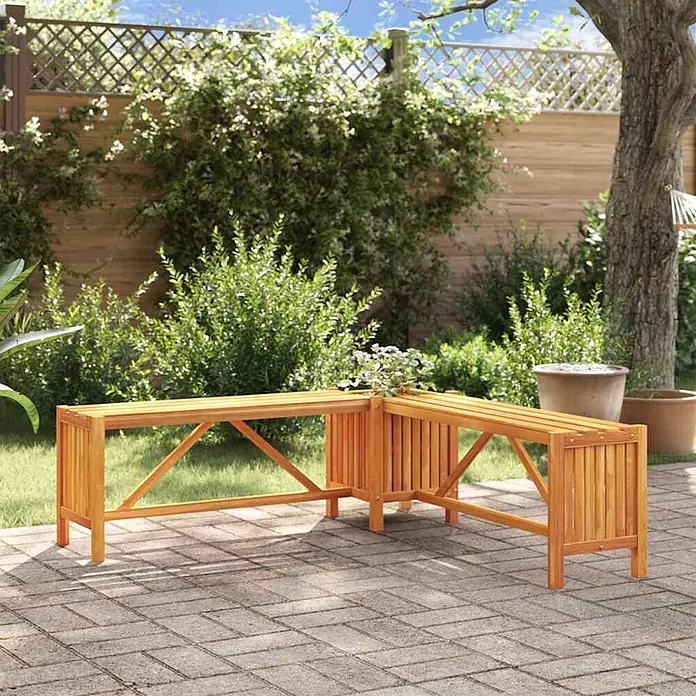 Furnicato Gartenbank Akazien-Massivholz geölt - B x T x H: 117 x 117 x 40 cm, Braun - Hölzerne L-förmige Gartenbank mit integriertem Pflanzkasten.
