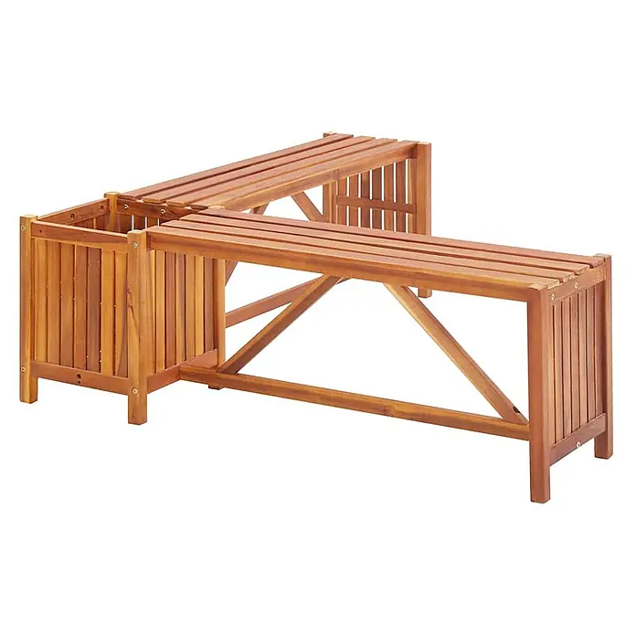 Furnicato Gartenbank Akazien-Massivholz geölt - B x T x H: 117 x 117 x 40 cm, Braun - Braune L-förmige Gartenbank aus Holz mit integriertem Pflanzkasten, ideal für Sitzgelegenheiten und Pflanzen im Freien.