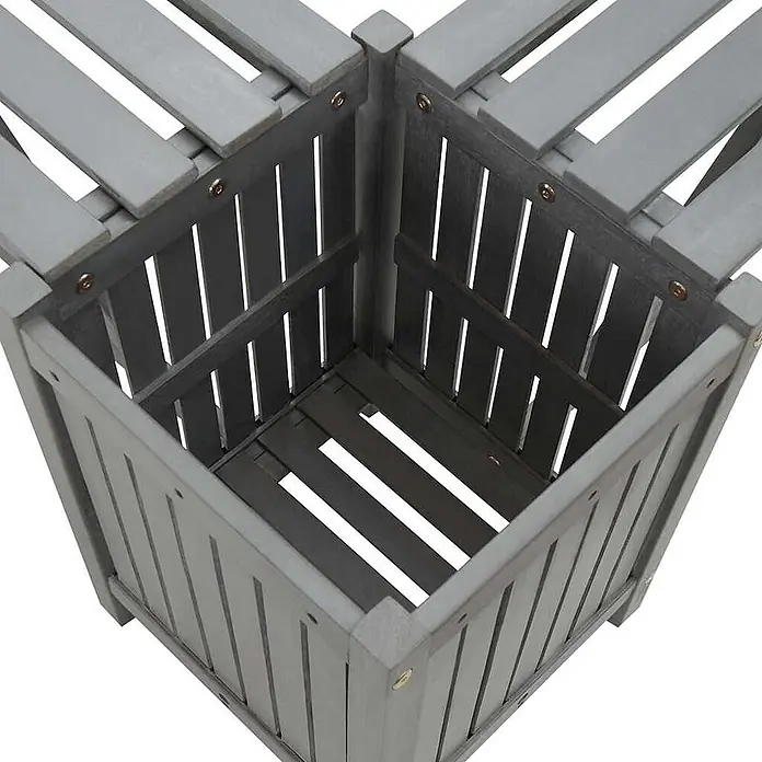 Furnicato Gartenbank Akazien-Massivholz - B x T x H: 117 x 117 x 40 cm, Grau - Leerer grauer Pflanzkübel aus Holzlamellen, von oben gesehen, mit Bodenrost für Drainage.