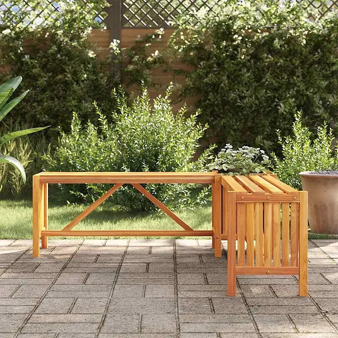 Furnicato Gartenbank Akazien-Massivholz geölt - B x T x H: 117 x 117 x 40 cm, Braun - Helle Holzgartenbank mit integriertem Pflanzgefäß auf einer Terrasse im Grünen.