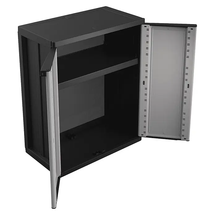 Terry JLine Armario multiusos de plástico  Alto + Bajo - Gris/Negro, Plástico - Armario de almacenamiento gris oscuro abierto con dos estantes. Las puertas son gris claro por dentro.
