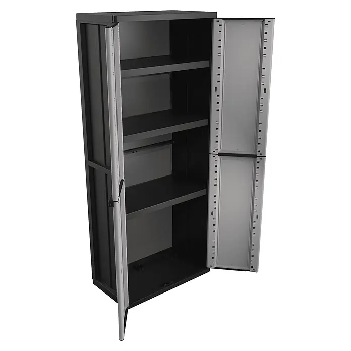 Terry JLine Armario multiusos de plástico  Alto + Bajo - Gris/Negro, Plástico - Armario de almacenamiento de plástico gris oscuro con puertas gris claro abiertas, revelando estantes interiores.