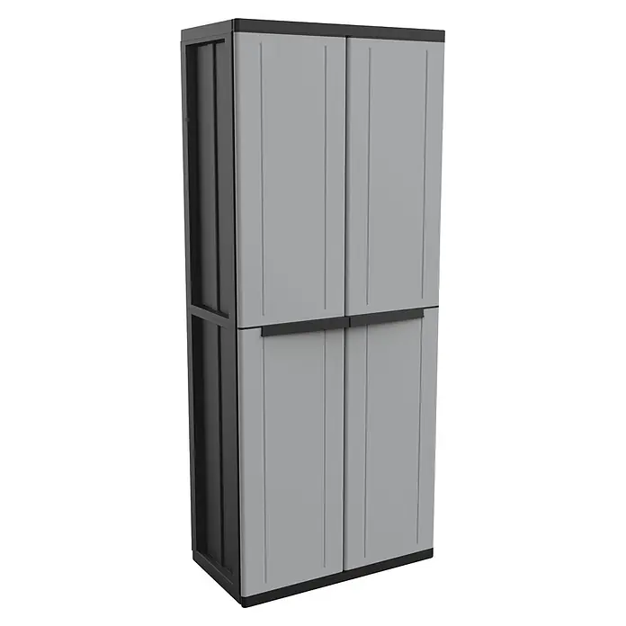 Terry JLine Armario multiusos de plástico  Alto + Bajo - Gris/Negro, Plástico - Armario de almacenamiento de plástico bicolor con marco gris oscuro y diseño de cuatro puertas gris claro, ideal para organización multicompartimento.