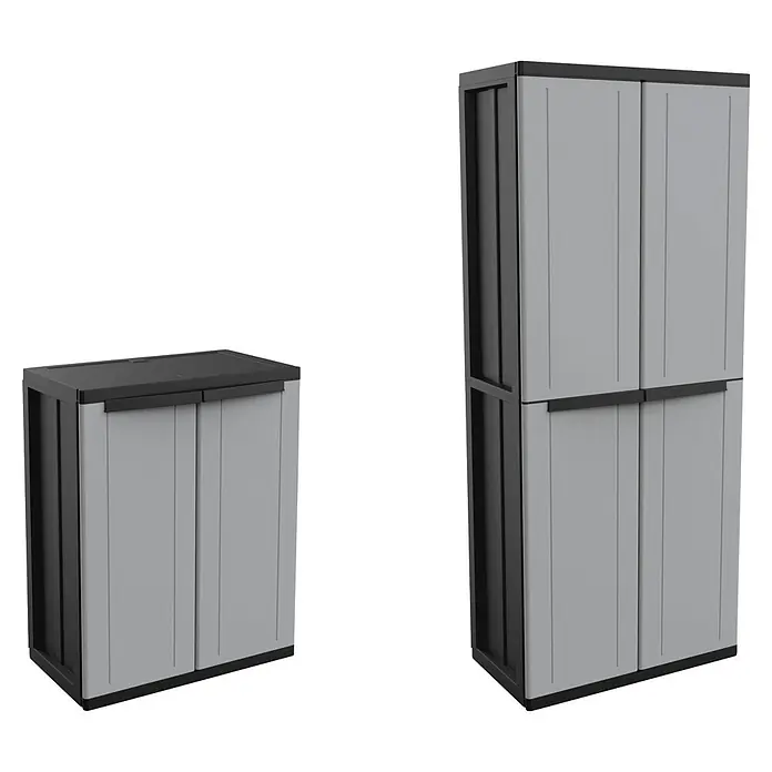 Terry JLine Armario multiusos de plástico  Alto + Bajo - Gris/Negro, Plástico - Armarios de almacenamiento de plástico gris y negro, una unidad baja y otra alta apilable.