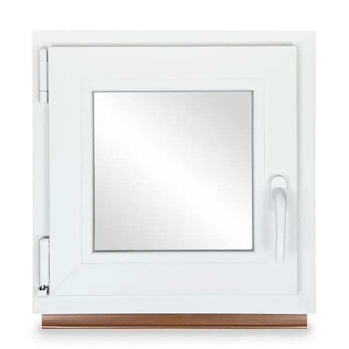 Neruli Kellerfenster 80x80 cm(BxH) DIN Links 3 -fach Glas Dichtung Grau - 80 x 80 cm, DIN Anschlag: Links, Weiß - Quadratisches weißes PVC-Fenster mit Griff, sichtbaren Scharnieren und braunem unterem Rahmen.