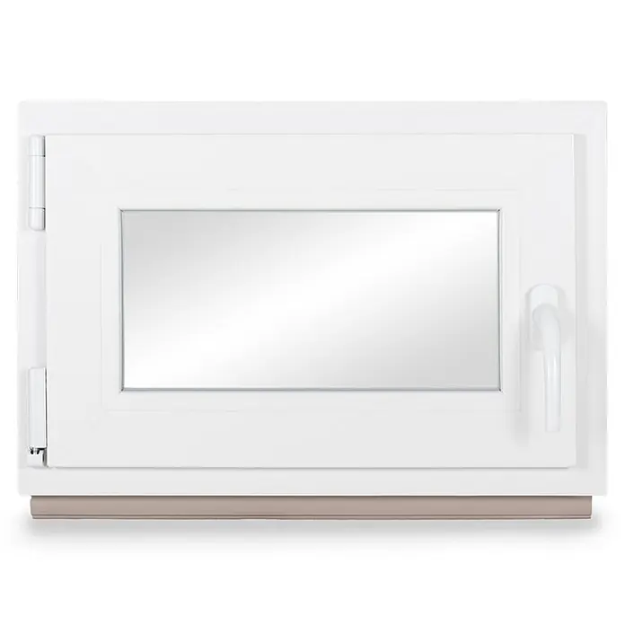 Neruli Kellerfenster 85x45cm(BxH) DIN Links 2 -fach Glas Dichtung Grau - 85 x 45 cm, DIN Anschlag: Links, Weiß - Weißes PVC-Fenster mit Klarglas, sichtbaren Scharnieren und weißem Griff, über einer hellbraunen Schwelle.