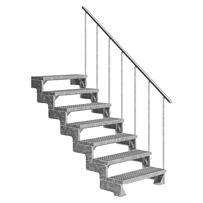 Dolle Außentreppe Gardentop - Gitterroststufen, Feuerverzinkte Geländerstäbe, Breite: 100 cm, Anzahl Stufen: 7 Stk., Geschosshöhe: 126 cm - 154 cm - Metalltreppe mit Handlauf. Die Treppe ist aus robustem Material gefertigt und hat eine sichere Trittfläche für den Außenbereich.