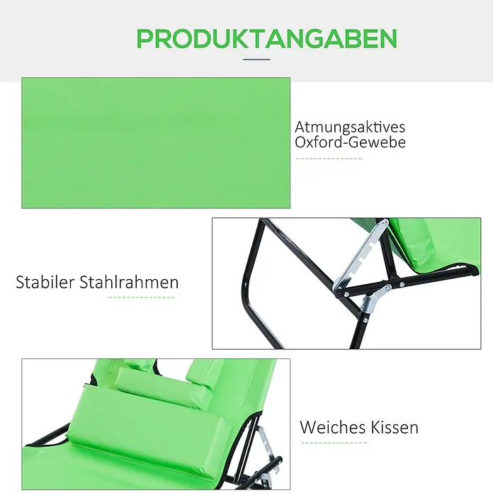 Furnicato Gartenliege - B x T: 58 x 187 cm, Grün, Polyester - Grüner Liegestuhl mit atmungsaktivem Oxford-Gewebe, stabilem Stahlrahmen und weichem Kissen.