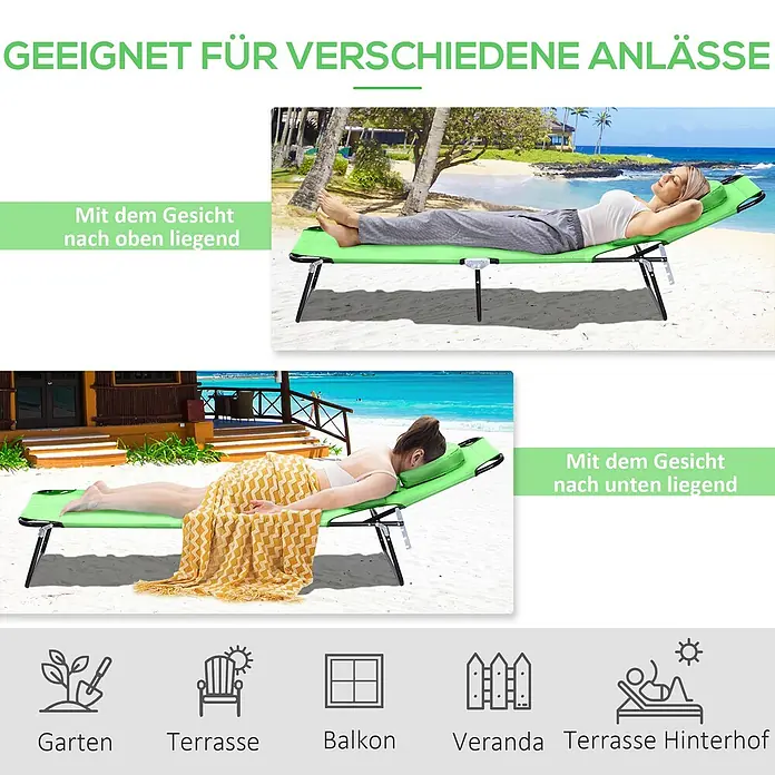 Furnicato Gartenliege - B x T: 58 x 187 cm, Grün, Polyester - Grüne klappbare Sonnenliege, die Gesichts-nach-oben- und Gesichts-nach-unten-Positionen zeigt, geeignet für Garten, Terrasse, Balkon, Veranda, Hinterhof.