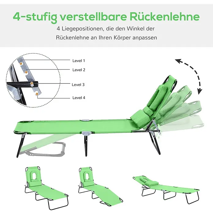 Furnicato Gartenliege - B x T: 58 x 187 cm, Grün, Polyester - Grüne klappbare Sonnenliege mit 4-fach verstellbarer Rückenlehne, gezeigt in verschiedenen Liegepositionen.