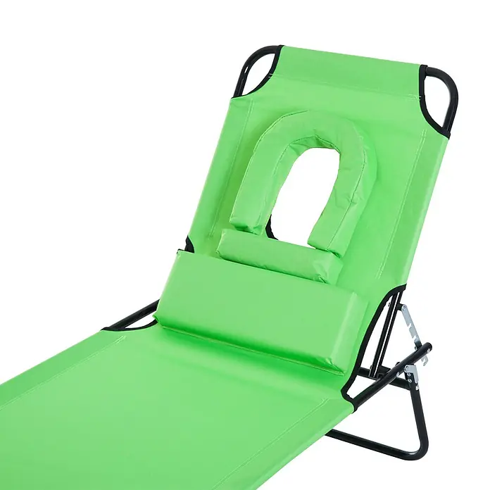 Furnicato Gartenliege - B x T: 58 x 187 cm, Grün, Polyester - Grüner tragbarer Liegestuhl mit Gesichtsausschnitt und verstellbarer Kopfstütze, mit schwarzem Metallrahmen.
