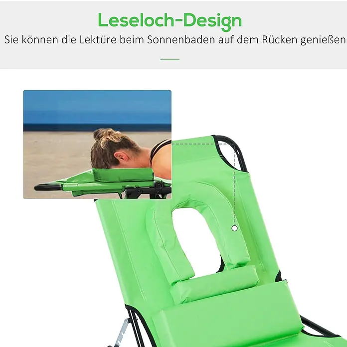 Furnicato Gartenliege - B x T: 58 x 187 cm, Grün, Polyester - Grüner Sonnenliege mit Gesichtsöffnung und Kissen, ideal zum Lesen auf dem Bauch.