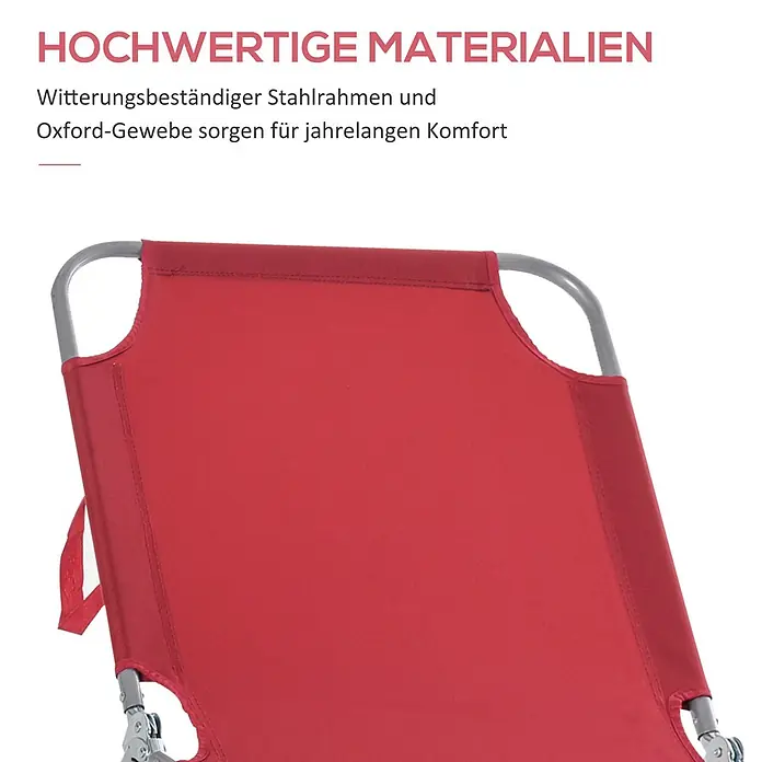 Furnicato Gartenliege - B x T: 60,5 x 187 cm, Weinrot, Polyester - Nahaufnahme eines roten Stuhls mit wetterbeständigem Stahlrahmen und Oxford-Gewebe für langjährigen Komfort.