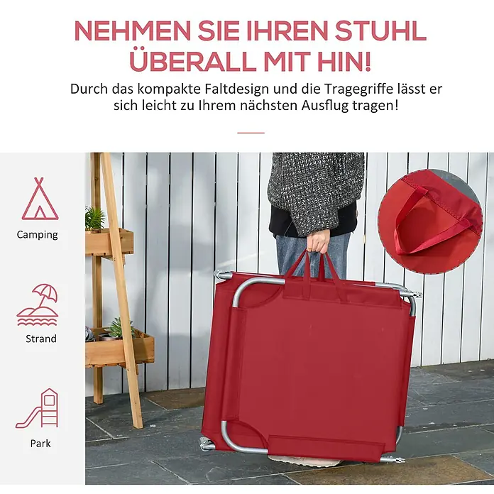 Furnicato Gartenliege - B x T: 60,5 x 187 cm, Weinrot, Polyester - Roter, faltbarer Stuhl mit silbernem Gestell und Tragegriffen, der von einer Person gehalten wird, bereit für den Transport.