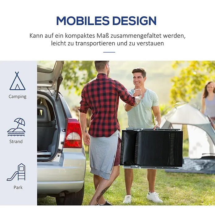 Furnicato Gartenliege - B x T: 63,5 x 180 cm, Schwarz, Metall - Mann trägt einen schwarzen, faltbaren Lagerkorb neben einem Auto, der seine Portabilität für Outdoor-Aktivitäten hervorhebt.