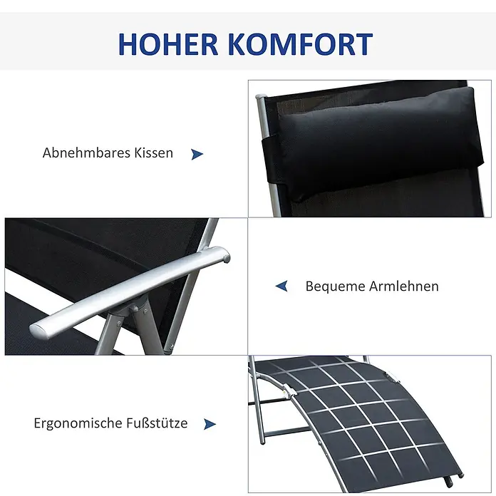 Furnicato Gartenliege - B x T: 63,5 x 180 cm, Schwarz, Metall - Schwarzer Liegestuhl mit abnehmbarem Kissen, bequemen Armlehnen und ergonomischer Fußstütze für hohen Komfort.