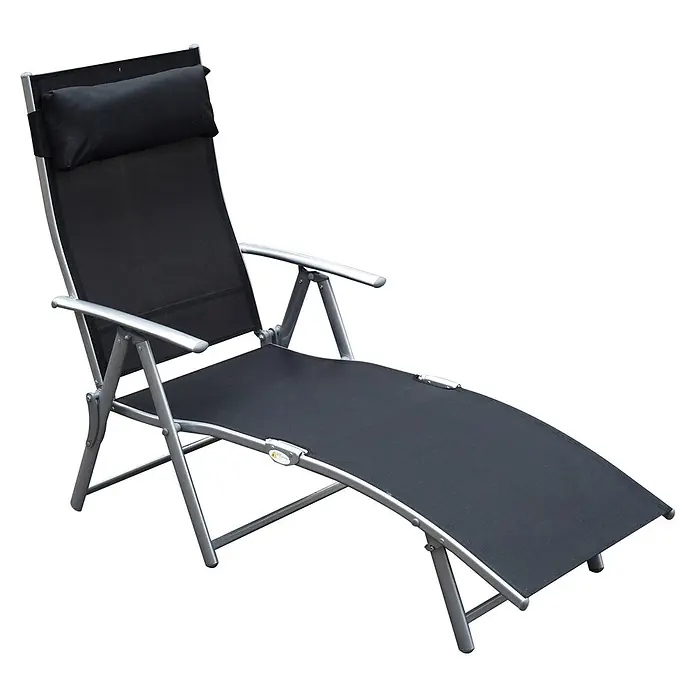 Furnicato Gartenliege - B x T: 63,5 x 180 cm, Schwarz, Metall - Schwarze verstellbare Gartenliege mit silbernem Aluminiumrahmen und Kopfkissen.