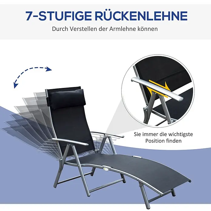 Furnicato Gartenliege - B x T: 63,5 x 180 cm, Schwarz, Metall - Schwarzer Liegestuhl mit 7-fach verstellbarer Rückenlehne und silbernem Metallrahmen.