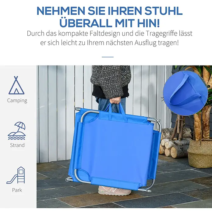 Furnicato Gartenliege - B x T: 55 x 187 cm, Blau, Polyester - Eine Person trägt einen blauen Klappstuhl an den Griffen, was seine Tragbarkeit für Ausflüge hervorhebt.