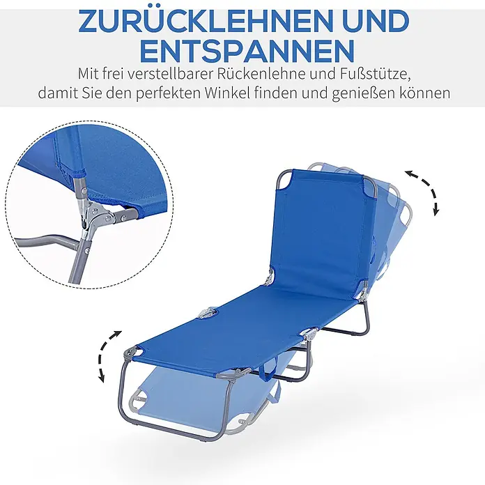 Furnicato Gartenliege - B x T: 55 x 187 cm, Blau, Polyester - Blauer verstellbarer Liegestuhl mit neigbarer Rückenlehne und Fußstütze für optimalen Komfort.