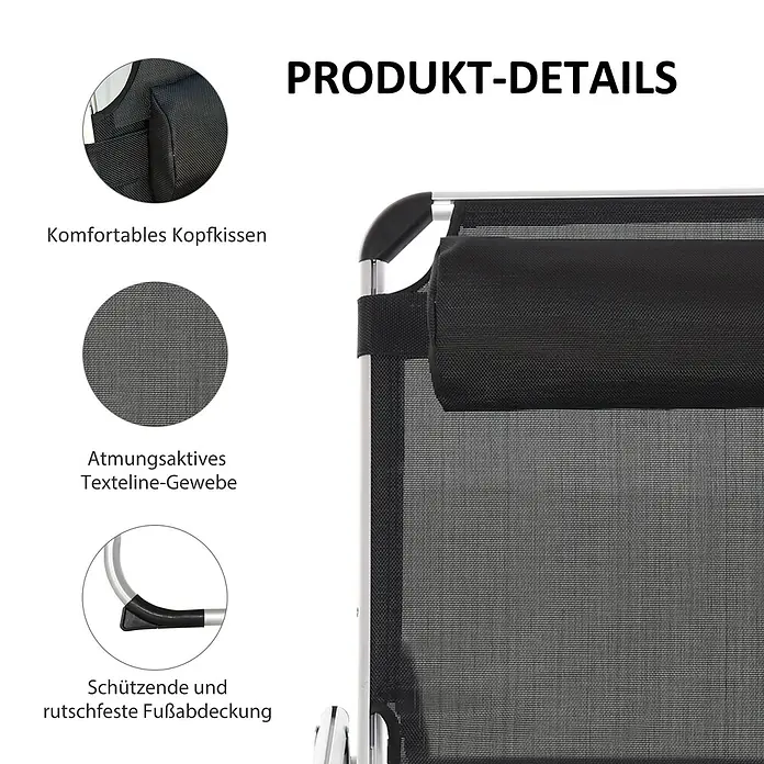 Furnicato Gartenliege - B x T: 60 x 165 cm, Schwarz, Aluminium - Detailansicht eines schwarzen Textilene-Liegestuhls mit bequemem Kopfkissen, atmungsaktivem Textilene-Gewebe und rutschfesten Fußkappen auf silbernem Gestell.