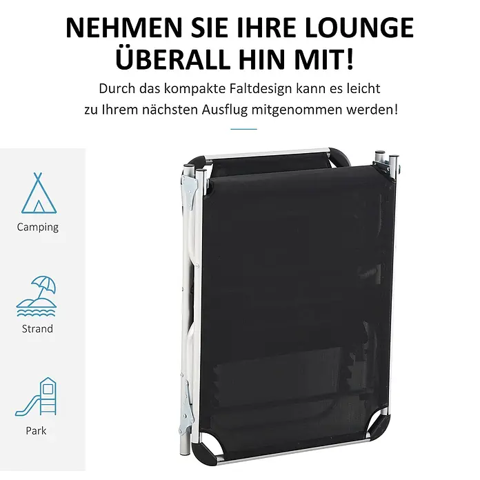 Furnicato Gartenliege - B x T: 60 x 165 cm, Schwarz, Aluminium - Ein kompakter, schwarzer Klappliegestuhl mit silbernem Gestell, zusammengeklappt für einfachen Transport.