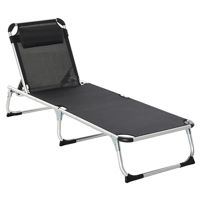 Furnicato Gartenliege - B x T: 60 x 165 cm, Schwarz, Aluminium - Schwarze klappbare Sonnenliege mit silbernem Gestell, schwarzem Netzstoff und verstellbarer Rückenlehne.