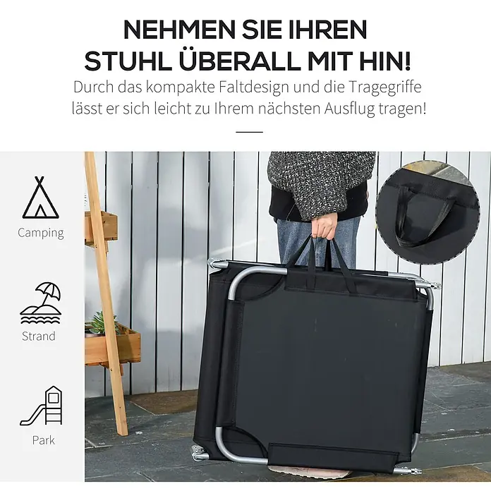 Furnicato Gartenliege - B x T: 55 x 187 cm, Schwarz, Polyester - Zusammengeklappter schwarzer Tragestuhl mit silbernem Rahmen und Tragegriffen, von einer Person getragen. Ideal für Camping, Strand und Park.