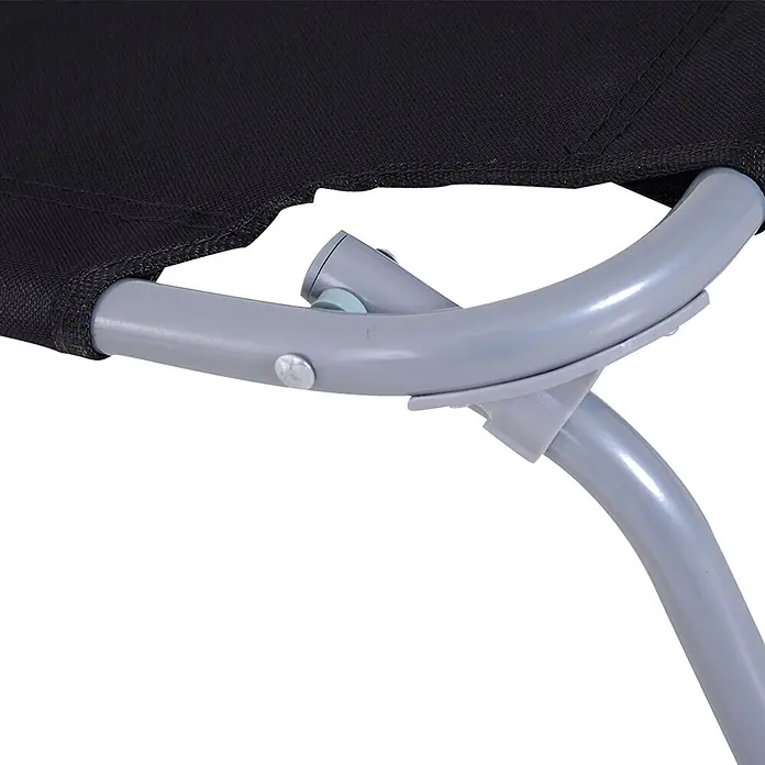 Furnicato Gartenliege - B x T: 55 x 187 cm, Schwarz, Polyester - Schwarzer Stoff eines Klappbetts oder -stuhls, befestigt an einem grauen Metallrahmen mit Gelenkmechanismus.