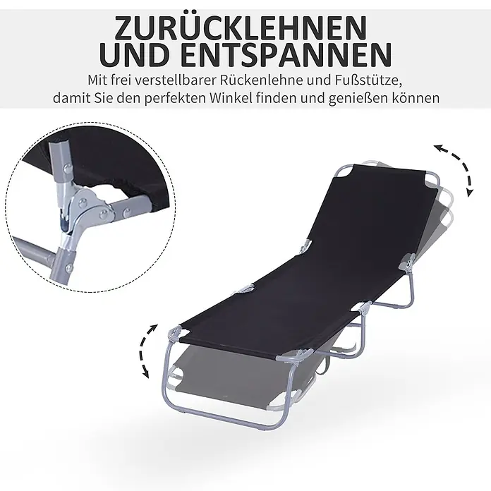 Furnicato Gartenliege - B x T: 55 x 187 cm, Schwarz, Polyester - Schwarze klappbare Liege mit grauem Gestell, zeigt verstellbare Rücken- und Fußstützenpositionen für individuellen Komfort.