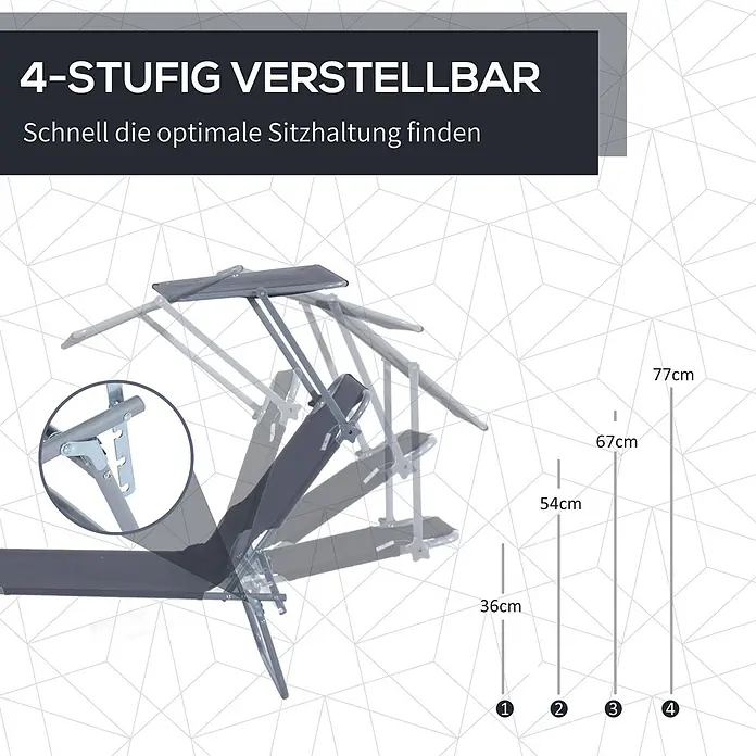 Furnicato Gartenliege - B x T: 58 x 187 cm, Grau, Polyester - Grauer verstellbarer Liegestuhl mit 4 Rückenlehnenpositionen, zeigt Höhen von 36 cm bis 77 cm.