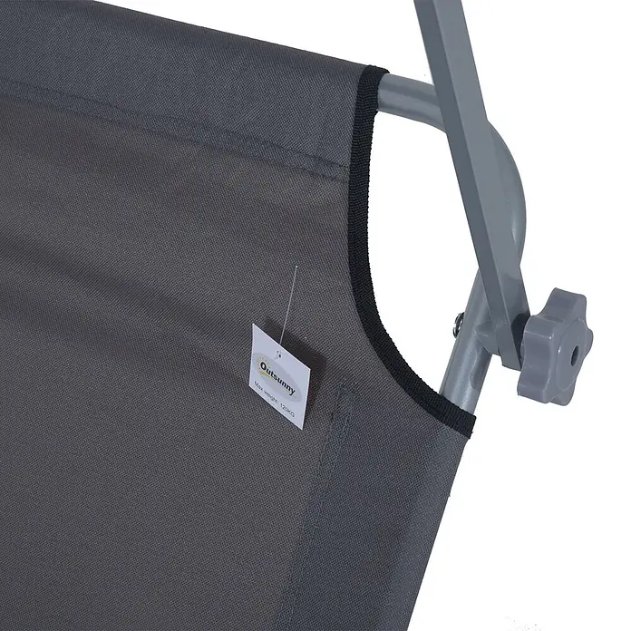 Furnicato Gartenliege - B x T: 58 x 187 cm, Grau, Polyester - Grauer Stoffteil eines Klappstuhls oder Feldbettes, mit grauem Metallgestell und sternförmigem Verstellknopf. Etikett 'Max. Gewicht 120KG' sichtbar.