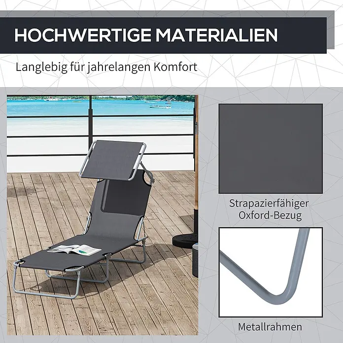 Furnicato Gartenliege - B x T: 58 x 187 cm, Grau, Polyester - Dunkelgrauer Liegestuhl mit Oxford-Bezug und Metallrahmen auf Holzterrasse. Langlebig für jahrelange Entspannung.