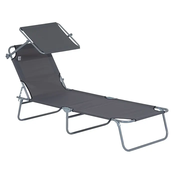 Furnicato Gartenliege - B x T: 58 x 187 cm, Grau, Polyester - Graue klappbare Sonnenliege mit verstellbarem Sonnenschutz und Metallgestell.