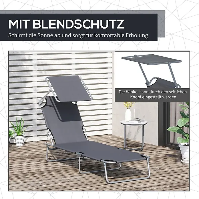Furnicato Gartenliege - B x T: 58 x 187 cm, Grau, Polyester - Graue klappbare Sonnenliege mit verstellbarem Sonnendach für entspannte Erholung im Freien.