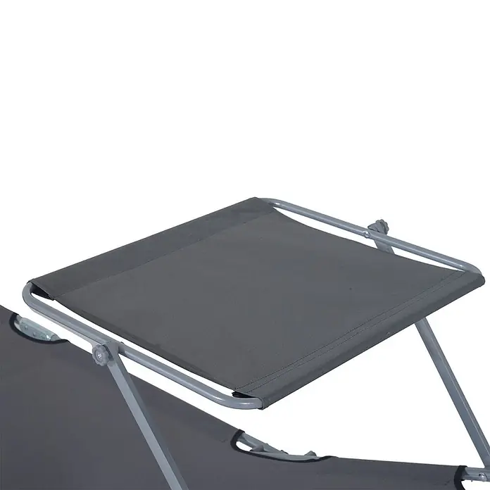 Furnicato Gartenliege - B x T: 58 x 187 cm, Grau, Polyester - Verstellbare Kopfstütze aus dunkelgrauem Stoff auf hellgrauem Metallrahmen eines Liegestuhls oder Feldbettes.