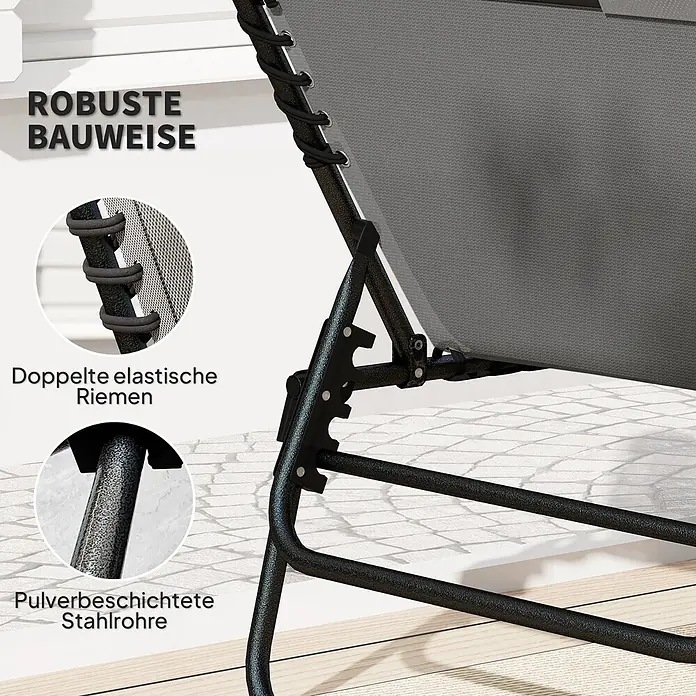 Furnicato Gartenliege - Dunkelgrau, Polyester - Nahaufnahme eines grauen Liegestuhls mit doppelter elastischer Schnürung und robustem, schwarz pulverbeschichtetem Stahlrahmen.