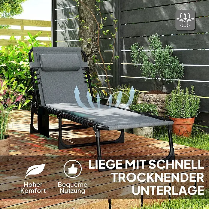 Furnicato Gartenliege - Dunkelgrau, Polyester - Graue Outdoor-Liege mit Kopfstütze und schnell trocknendem Netzstoff auf einer Holzterrasse im Garten.