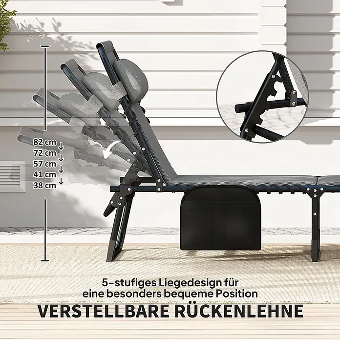 Furnicato Gartenliege - Dunkelgrau, Polyester - Graue Relaxliege mit schwarzem Gestell, 5-fach verstellbare Rückenlehne von 82 cm bis 38 cm Höhe, mit Detail der Verstellmechanik.