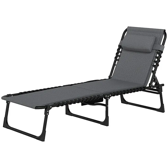 Furnicato Gartenliege - Dunkelgrau, Polyester - Graue Stoff-Klappliege mit schwarzem Metallrahmen und verstellbarer Kopfstütze.