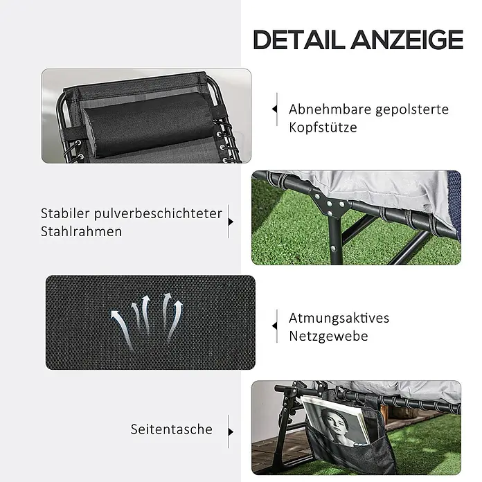Furnicato Gartenliege Polyestergewebe - B x T: 58 x 189 cm, Hellgrau, Verbundwerkstoff - Detailansicht eines schwarzen Liegestuhls: abnehmbare Kopfstütze, pulverbeschichteter Stahlrahmen, atmungsaktives Netzgewebe, Seitentasche.