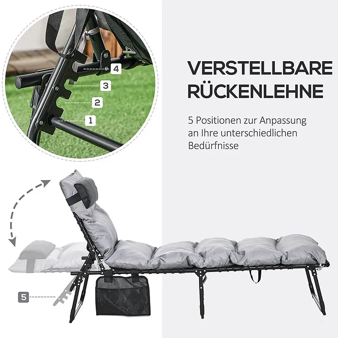 Furnicato Gartenliege Polyestergewebe - B x T: 58 x 189 cm, Hellgrau, Verbundwerkstoff - Verstellbare Campingliege mit grauem Polster und 5-fach verstellbarer Rückenlehne. Schwarzes Gestell.
