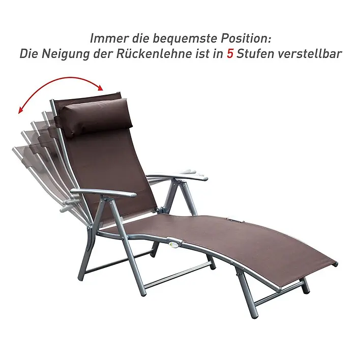 Furnicato Gartenliege - B x T: 63,5 x 180 cm, Braun, Metall - Braune Relaxliege mit silbernem Gestell und 5-fach verstellbarer Rückenlehne, verschiedene Positionen dargestellt.