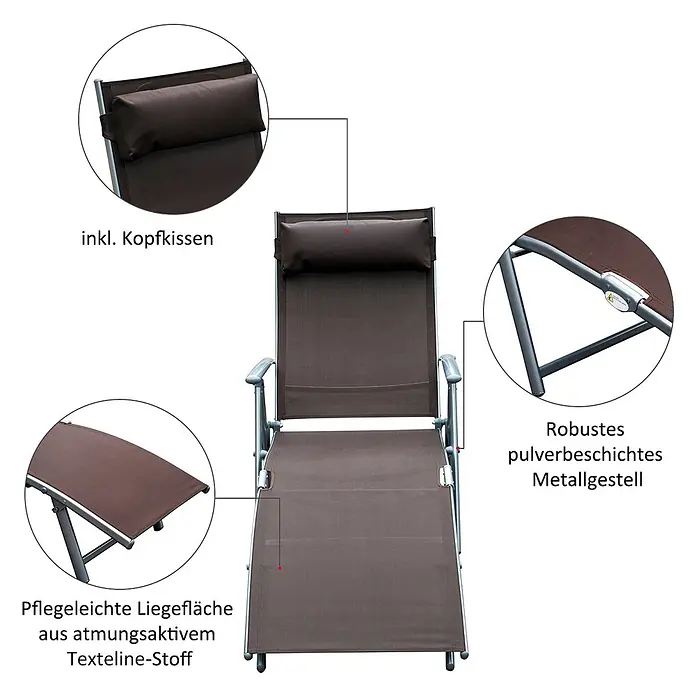 Furnicato Gartenliege - B x T: 63,5 x 180 cm, Braun, Metall - Braune Liege mit Kopfkissen, pulverbeschichtetem Metallgestell und atmungsaktivem Texteline-Stoff.