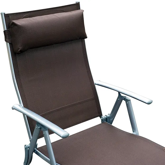 Furnicato Gartenliege - B x T: 63,5 x 180 cm, Braun, Metall - Brauner Textilene-Klappliegestuhl mit silbernem Aluminiumrahmen und verstellbarer Kopfstütze.