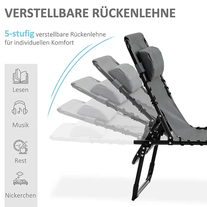 Furnicato Gartenliege - Grau, Polyester - Grauer Stuhl mit 5-fach verstellbarer Rückenlehne, gezeigt in verschiedenen Neigungswinkeln für Lesen, Musik, Ruhe oder Nickerchen.
