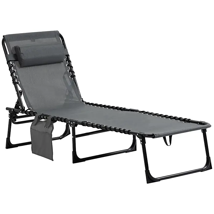 Furnicato Gartenliege - Grau, Polyester - Zusammenklappbarer grauer Liegestuhl mit schwarzem Metallrahmen, Kopfkissen und Seitentasche.